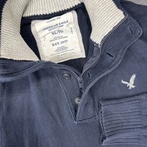 American‎ Eagle Sweater Mens XL 1/4 Zip Button Up Mock Neck Navy Classic Fit